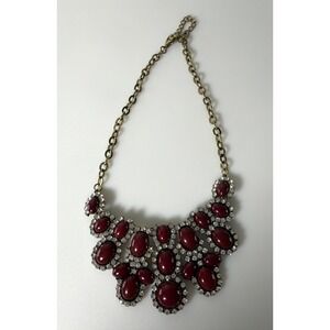 Statement Bib Necklace Burgundy Cabochons Clear Rhinestones Chain